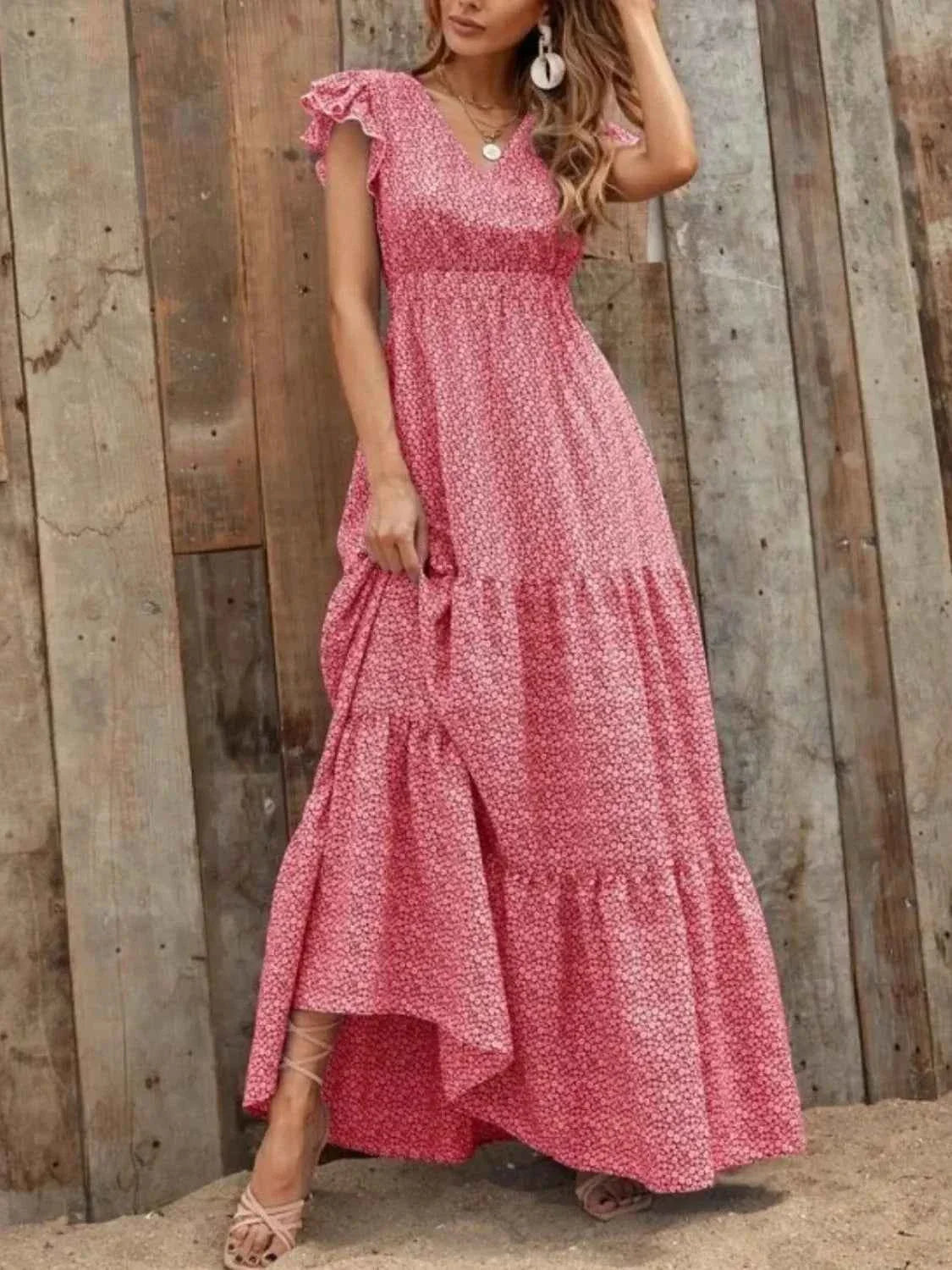The Printed V-Neck Ruffle Sleeve Maxi Dress – 4 Colors, Sizes S–2XL Scarlet