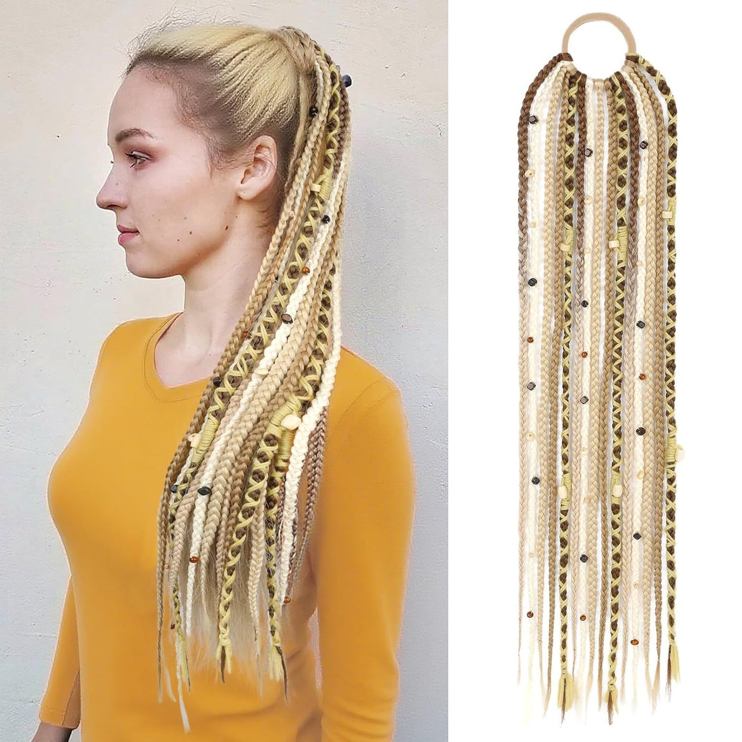 24-Inch Braided Ponytail with Lock Beads Hair Extension – 5 Colors Golden Brown