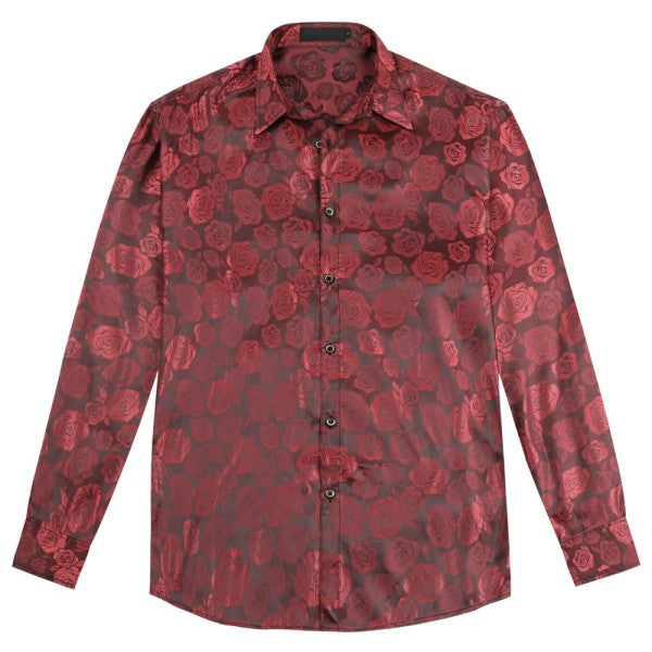 Men's Rose Jacquard Long Sleeve Shirt | Slim Fit Floral Button-Down Dress Shirt