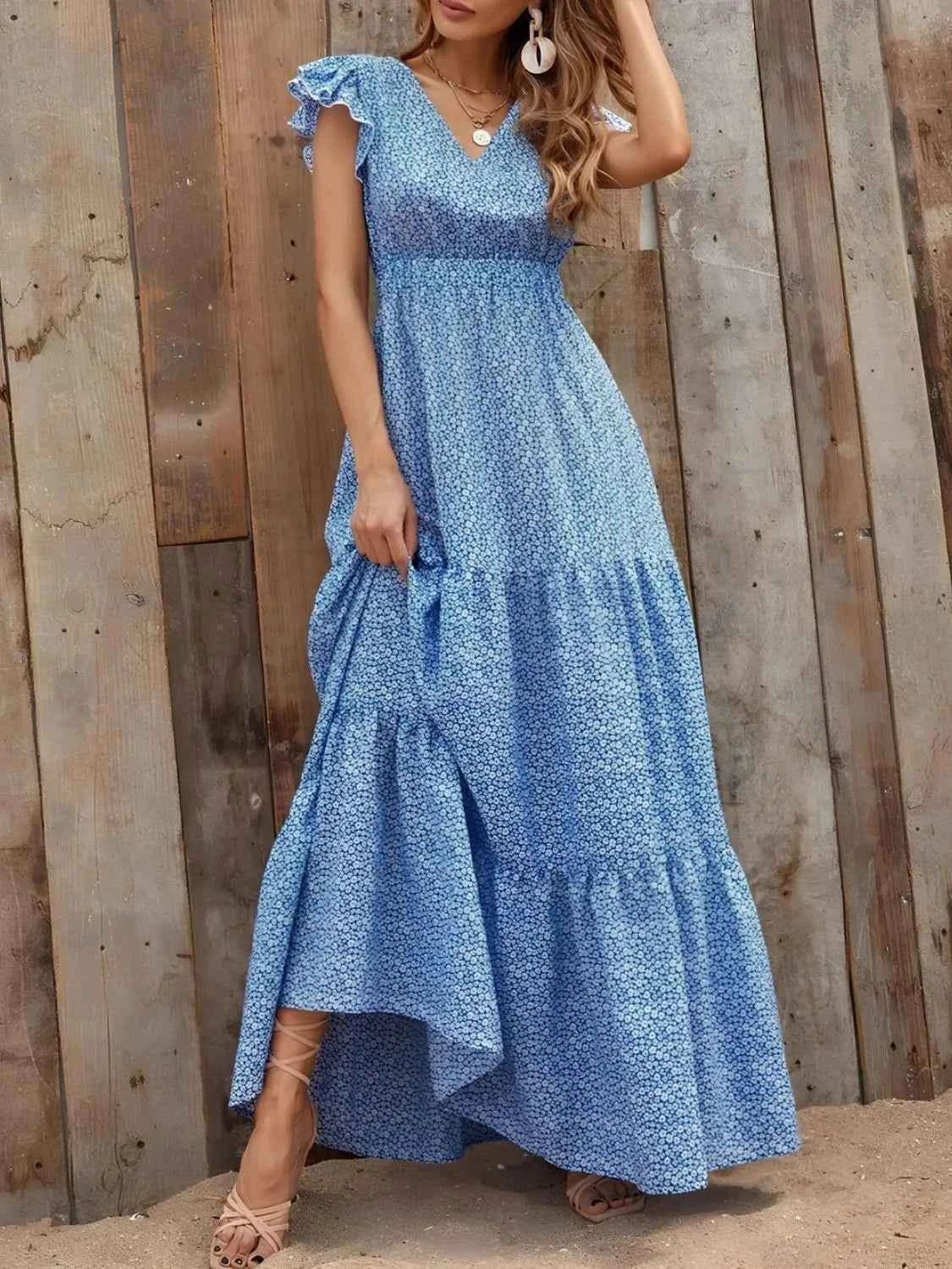 The Printed V-Neck Ruffle Sleeve Maxi Dress – 4 Colors, Sizes S–2XL Sky Blue