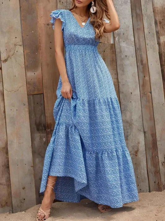 The Printed V-Neck Ruffle Sleeve Maxi Dress – 4 Colors, Sizes S–2XL Sky Blue