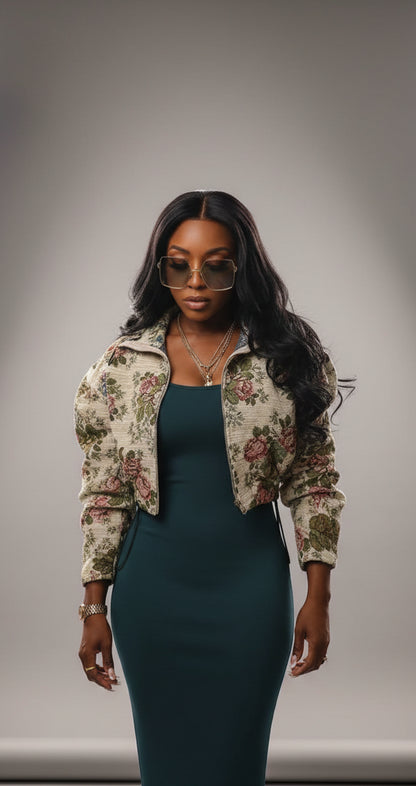 Washed Denim Floral Patchwork Jacket & Cargo Jeans | 2-Piece Denim Set Top
