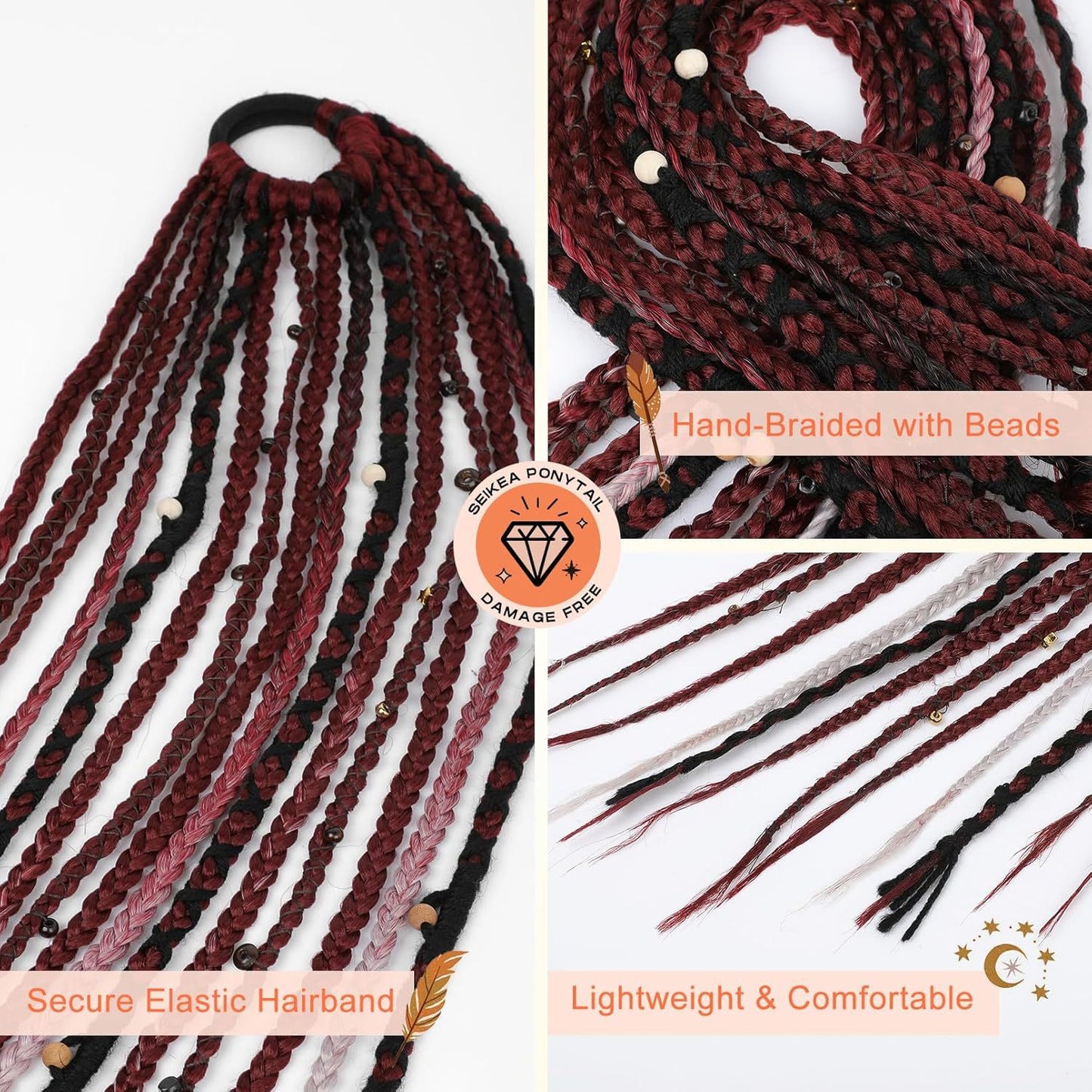 24-Inch Braided Ponytail with Lock Beads Hair Extension – 5 Colors