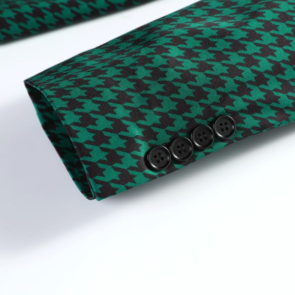 Men's Houndstooth Pattern 2-Button Blazer | 3D Slim Fit Notched Lapel Jacket – Black & Green