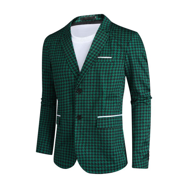 Men's Houndstooth Pattern 2-Button Blazer | 3D Slim Fit Notched Lapel Jacket – Black & Green