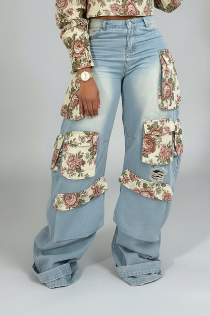 Washed Denim Floral Patchwork Jacket & Cargo Jeans | 2-Piece Denim Set Pants
