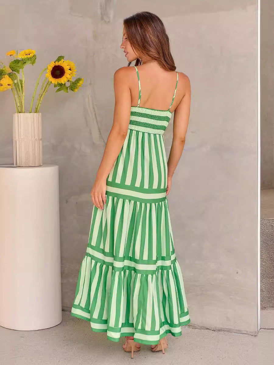 The Striped Square Neck Backless Maxi Dress – Spaghetti Strap, Pockets, 5 Colors