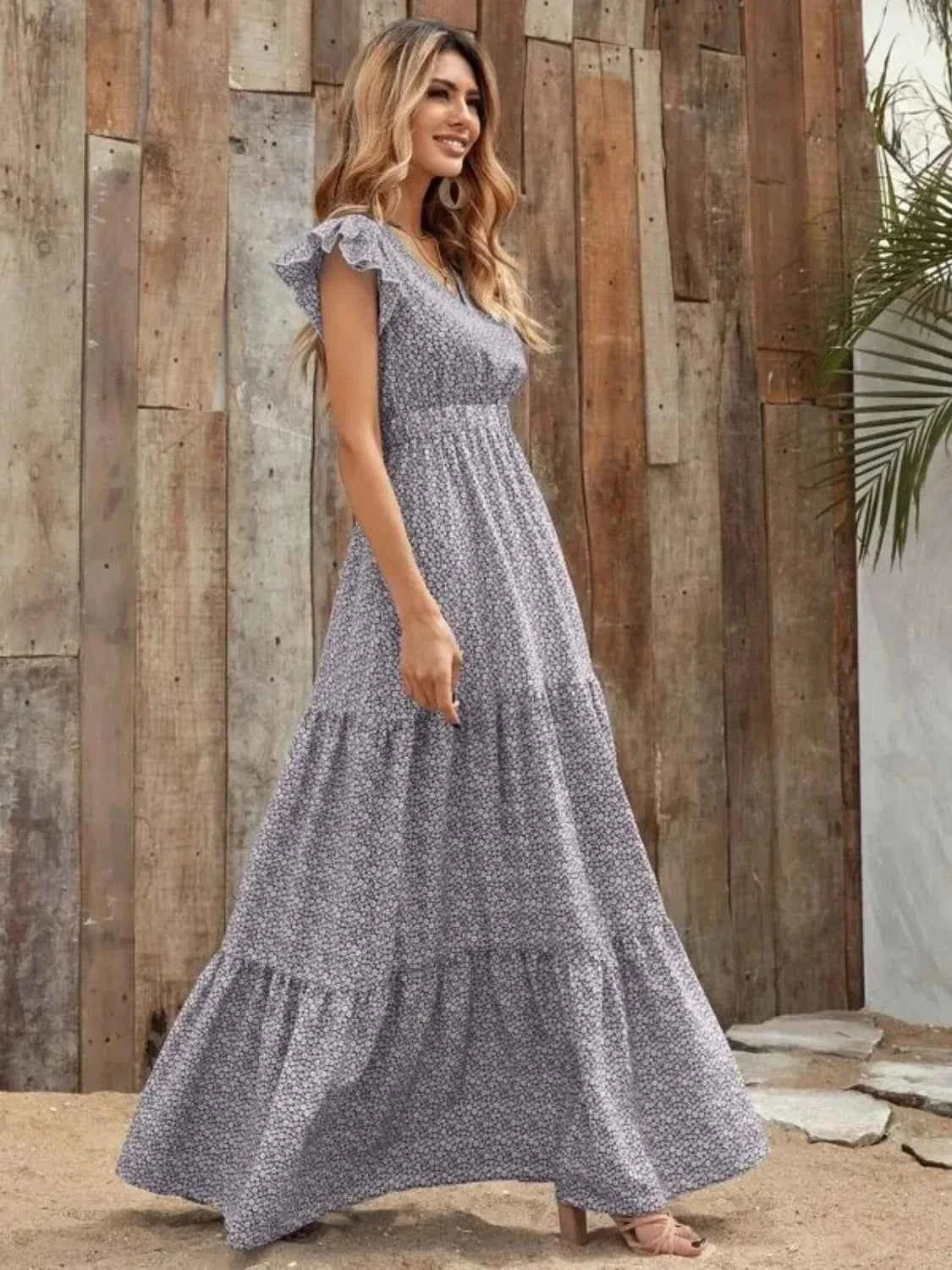 The Printed V-Neck Ruffle Sleeve Maxi Dress – 4 Colors, Sizes S–2XL