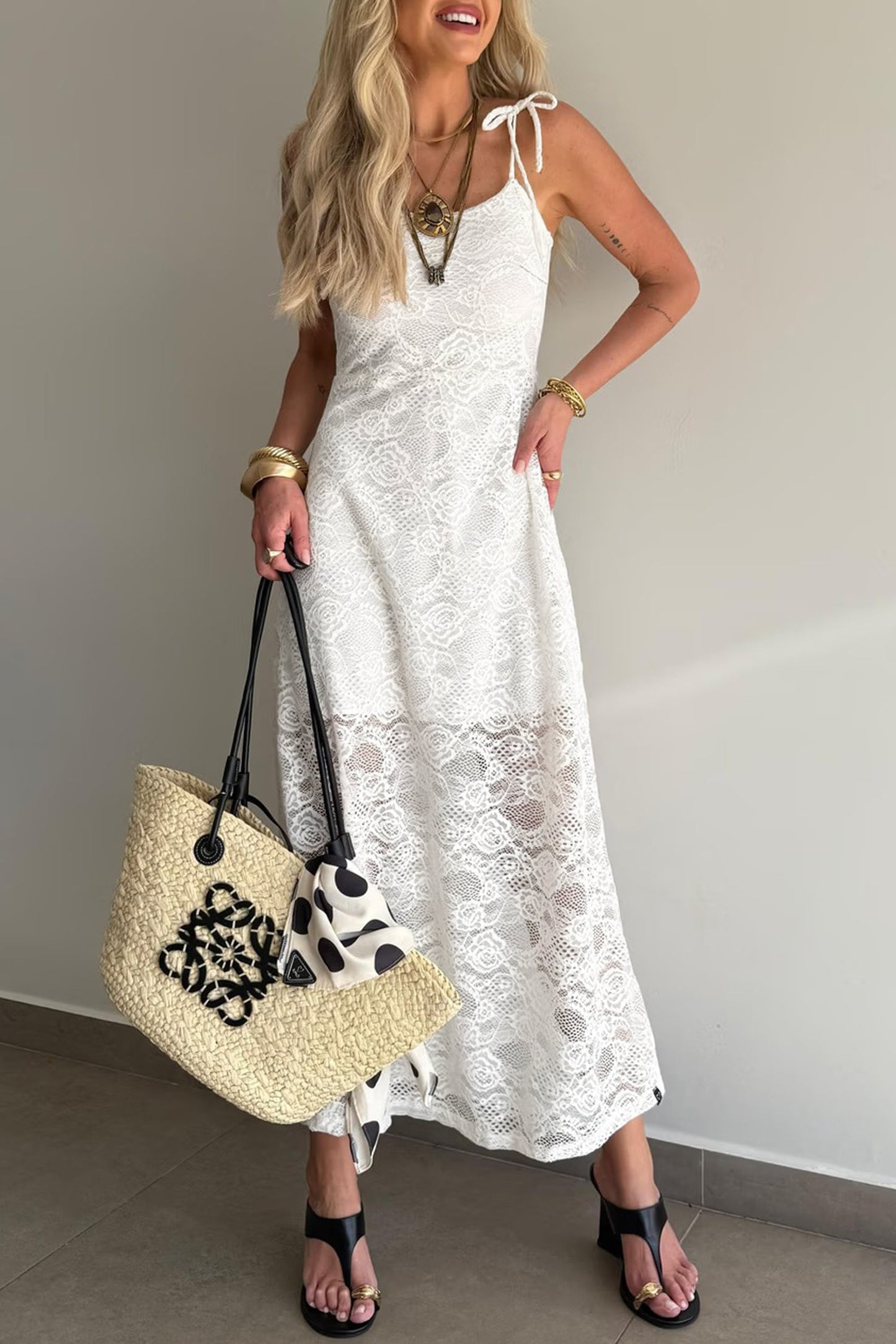 The Floral Lace Overlay Maxi Dress – Self-Tie Spaghetti Straps, White, Sizes S–XL White S 88%Polyamide+12%Elastane