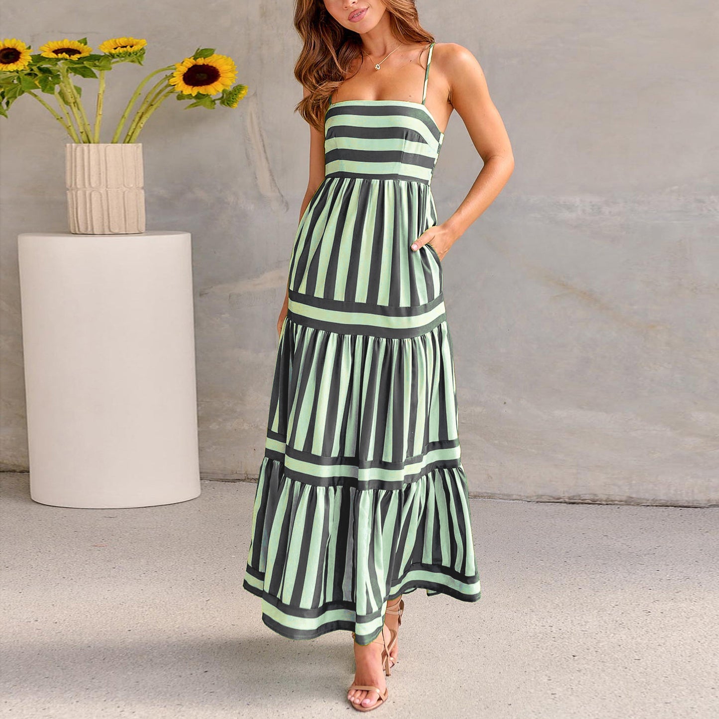 The Striped Square Neck Backless Maxi Dress – Spaghetti Strap, Pockets, 5 Colors Black