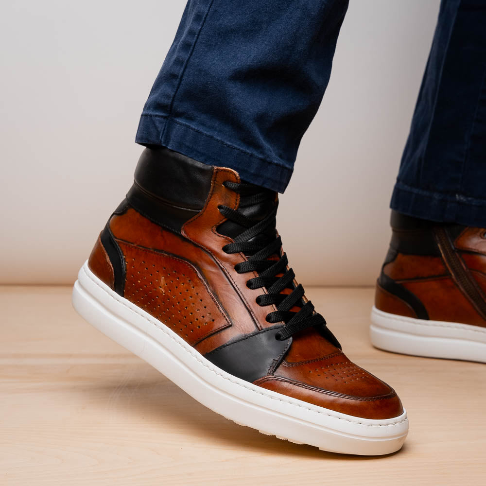 Zelli Italia Bravo Men's High Top Dress Sneaker – Italian Burnished Calfskin, Cognac / Black Cognac Black M