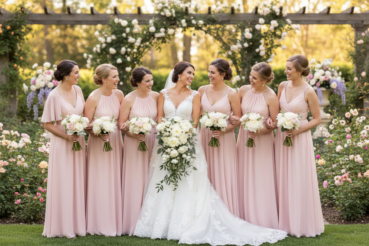 Bride with bridesmaids in pink dresses standing in a garden with flowers. Shop The Occasion Edit for your event.