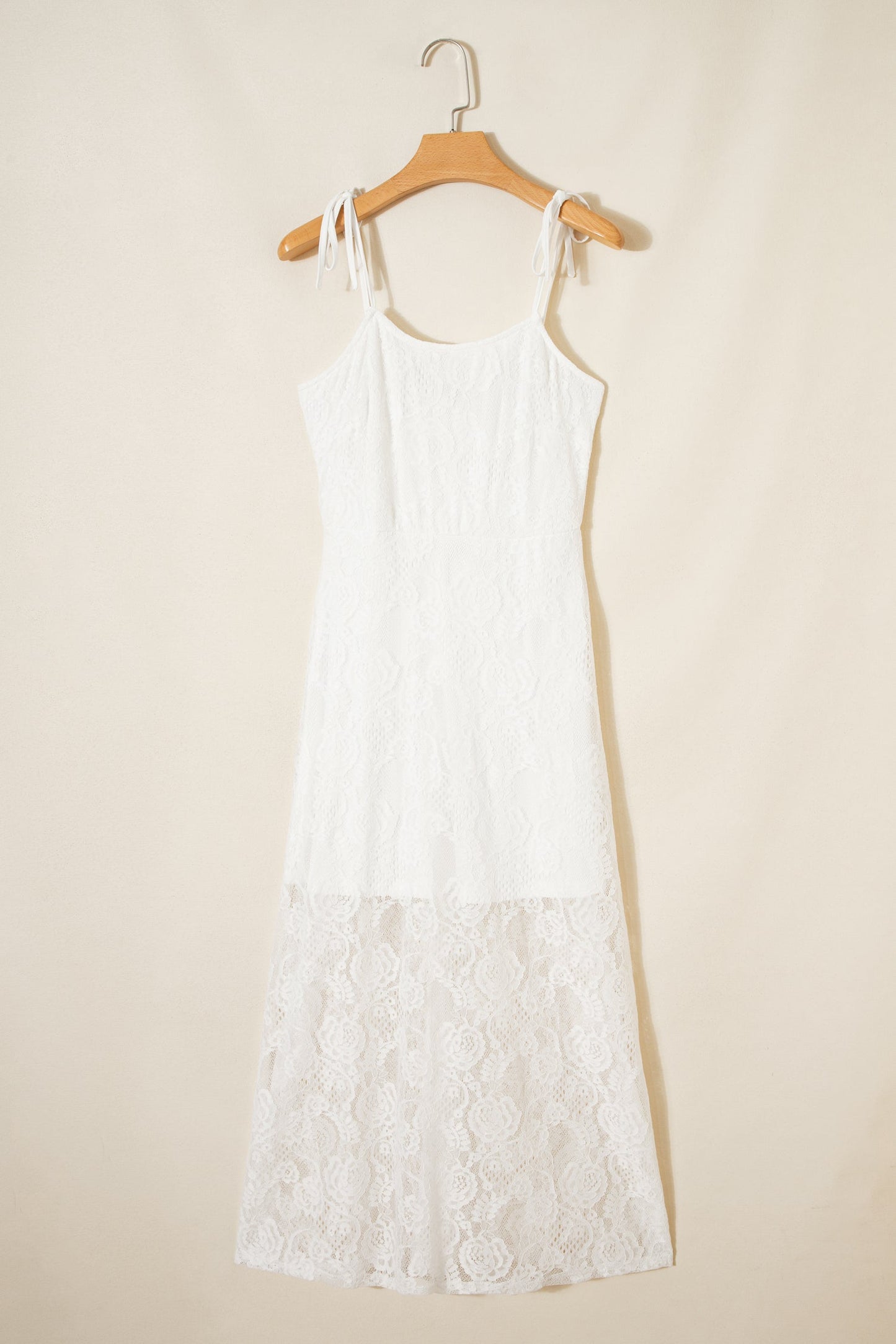 The Floral Lace Overlay Maxi Dress – Self-Tie Spaghetti Straps, White, Sizes S–XL