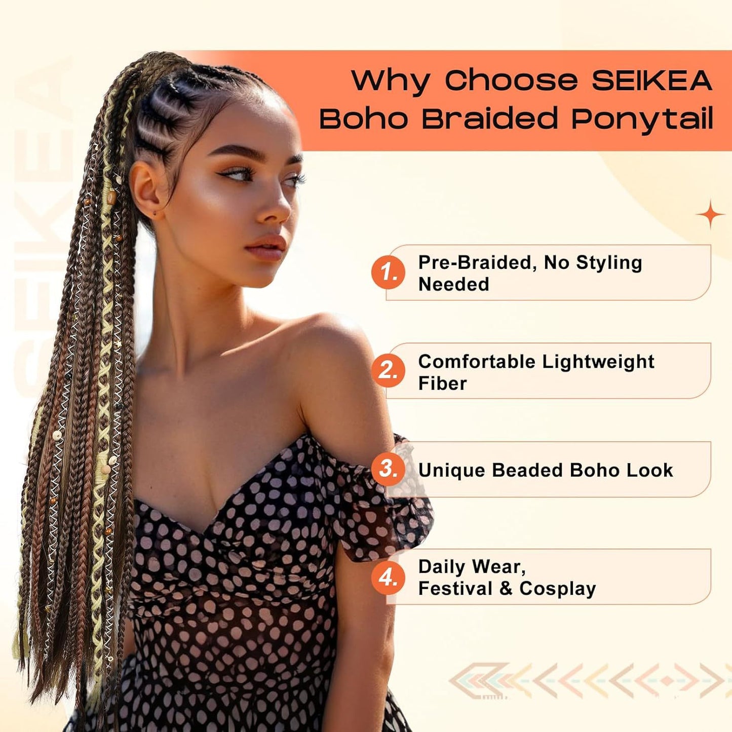 24-Inch Braided Ponytail with Lock Beads Hair Extension – 5 Colors