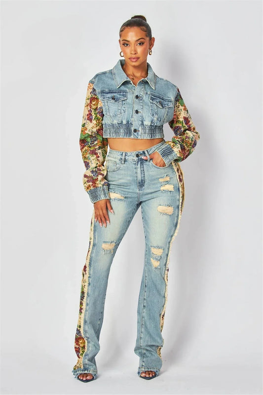 Women's Printed Splicing  Long Sleeve Denim Jacket and Jean Pants Set
