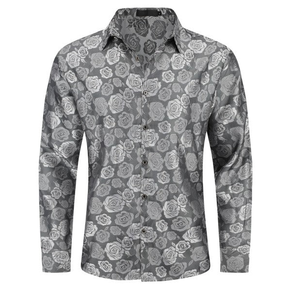 Men's Rose Jacquard Long Sleeve Shirt | Slim Fit Floral Button-Down Dress Shirt Grey