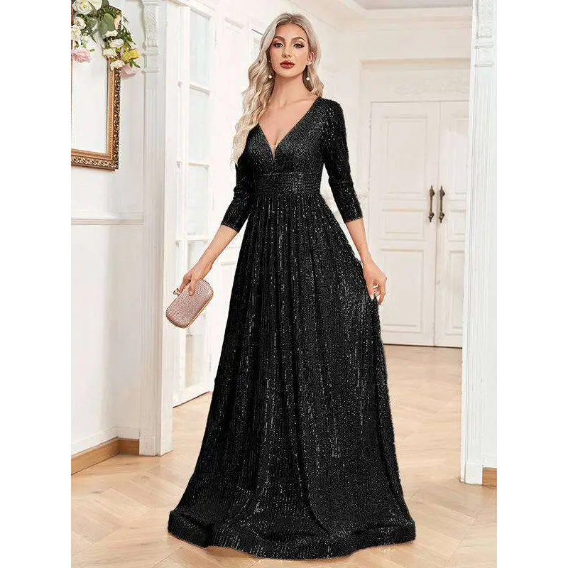 Champagne Sequined High Waist Party Formal Dress Black