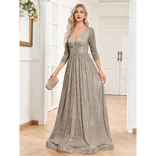 Champagne Sequined High Waist Party Formal Dress