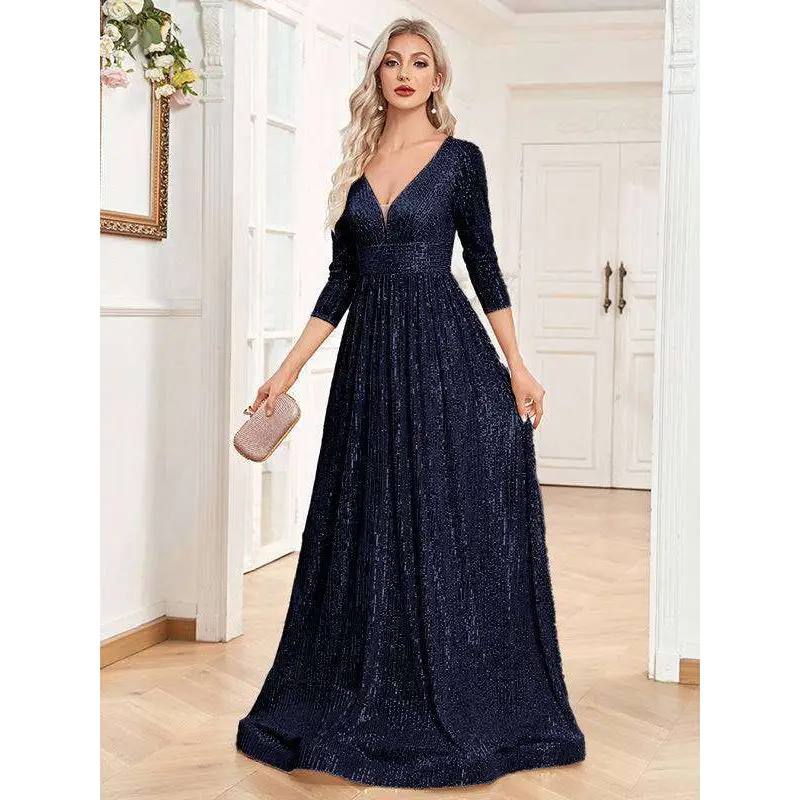 Champagne Sequined High Waist Party Formal Dress Dark Blue