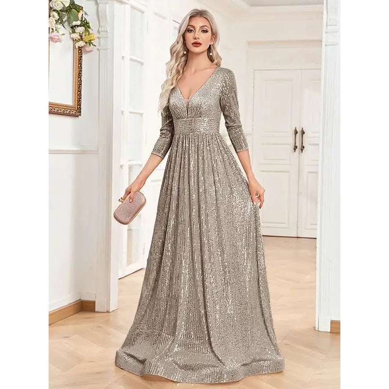 Champagne Sequined High Waist Party Formal Dress Dark Gray