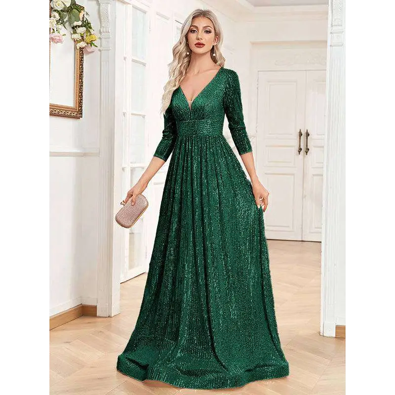 Champagne Sequined High Waist Party Formal Dress Dark Green
