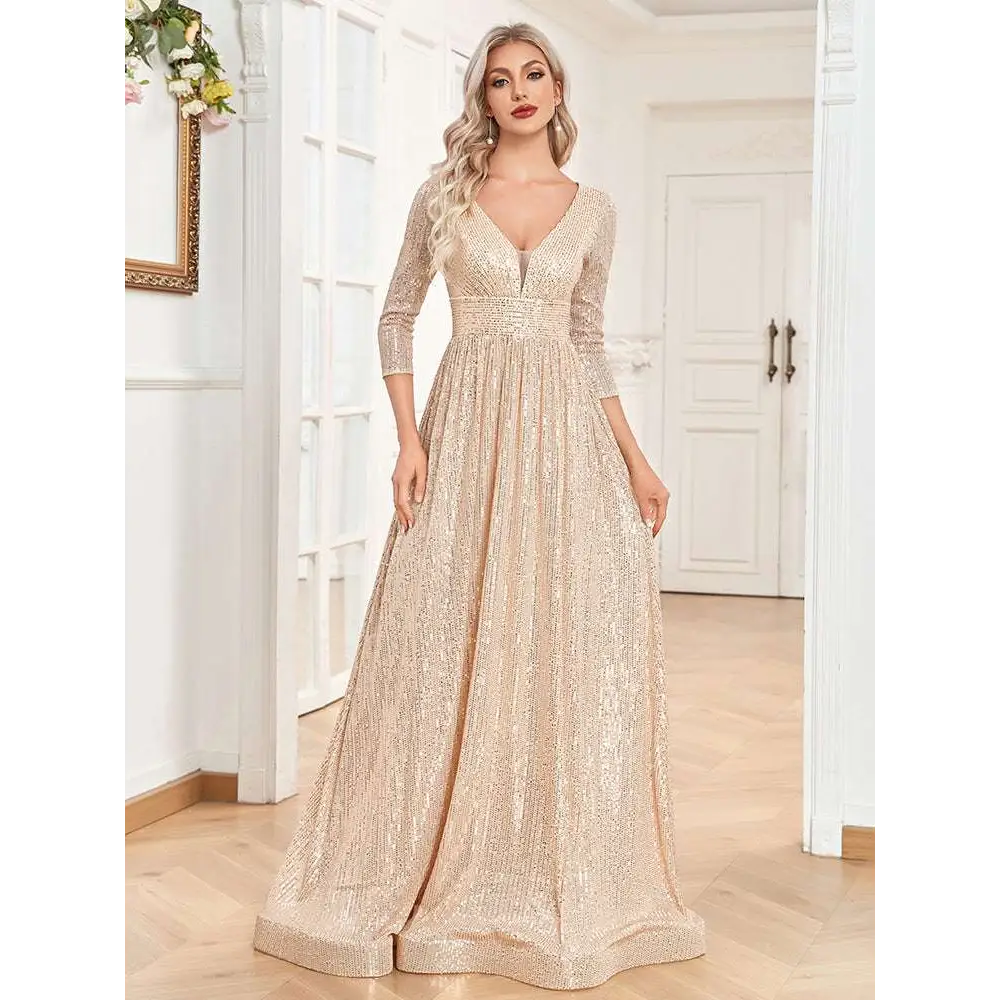 Champagne Sequined High Waist Party Formal Dress Champagne