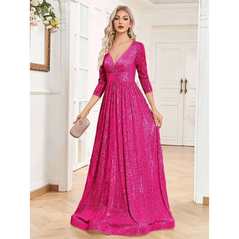 Champagne Sequined High Waist Party Formal Dress Rose Red