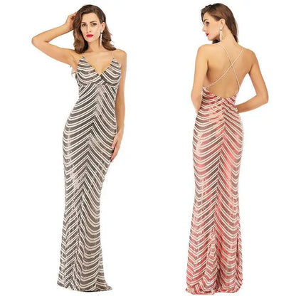 Chevron Sequin Halter Maxi Dress with Open Back