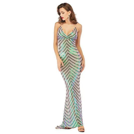 Chevron Stretch Sequined Mopping Dress Green