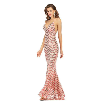 Chevron Sequin Halter Maxi Dress with Open Back Red