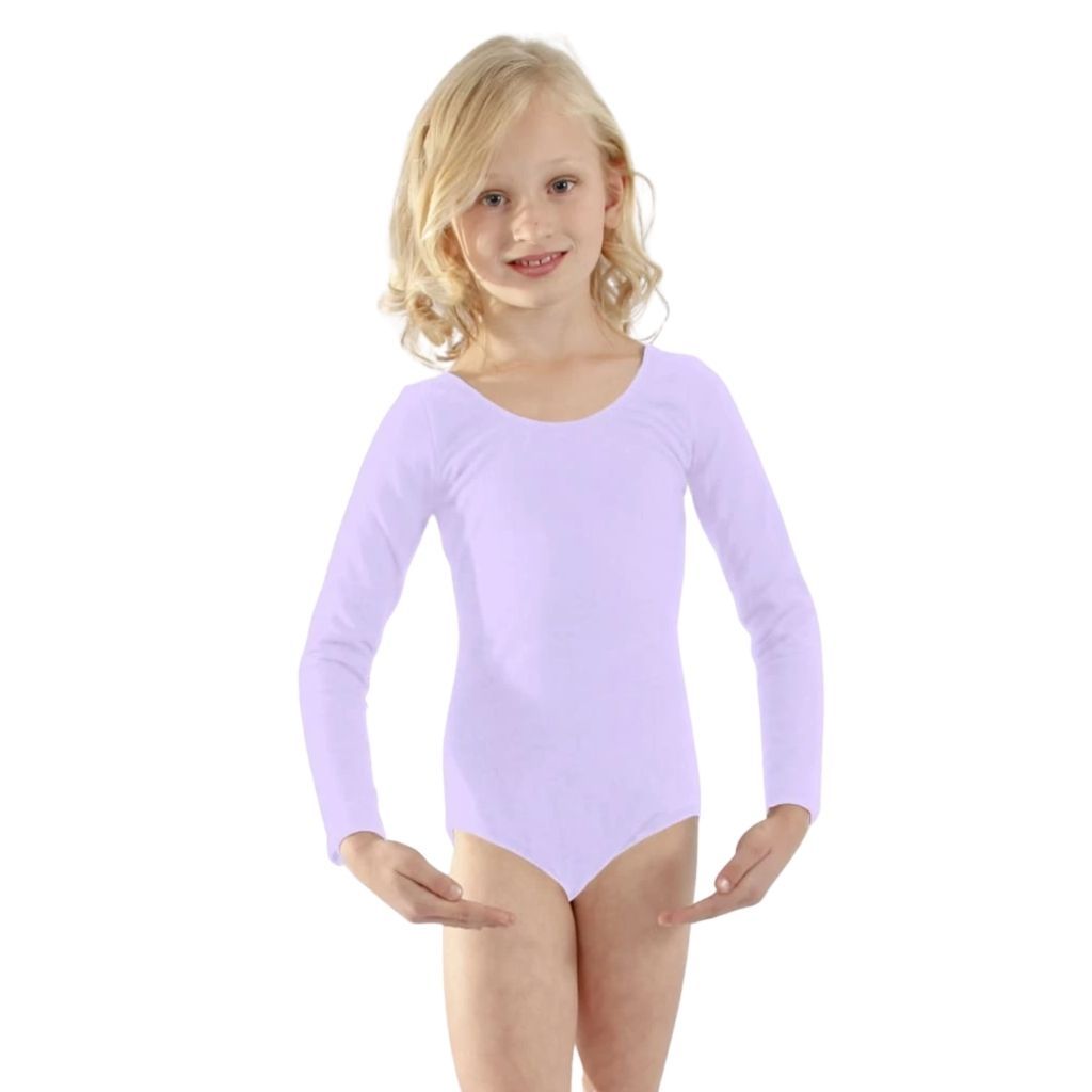 Young girl wearing a purple long-sleeve leotard on a white background