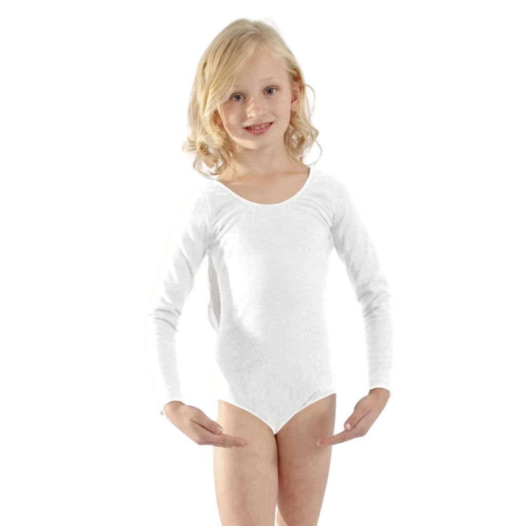 Young girl wearing a white long-sleeve leotard on a white background