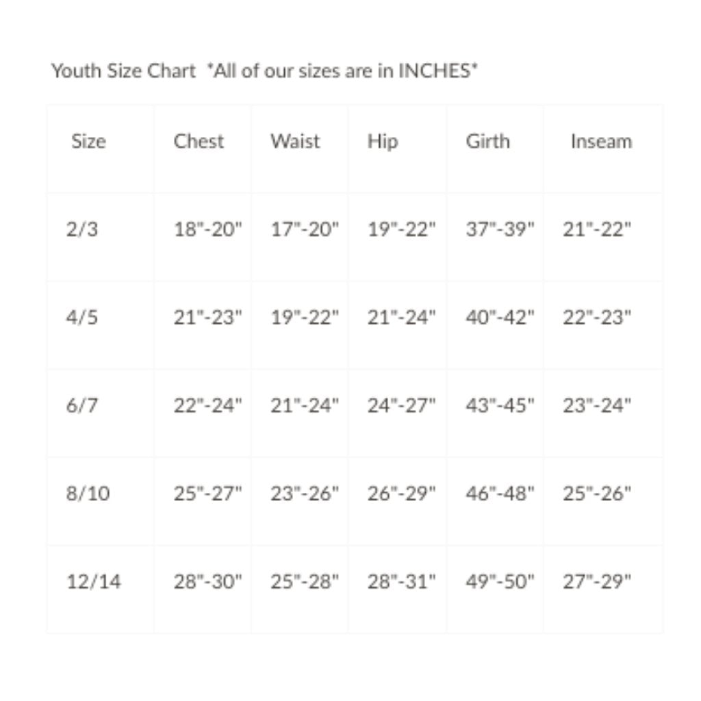 Youth size chart in inches with chest, waist, hip, girth, and inseam measurements.