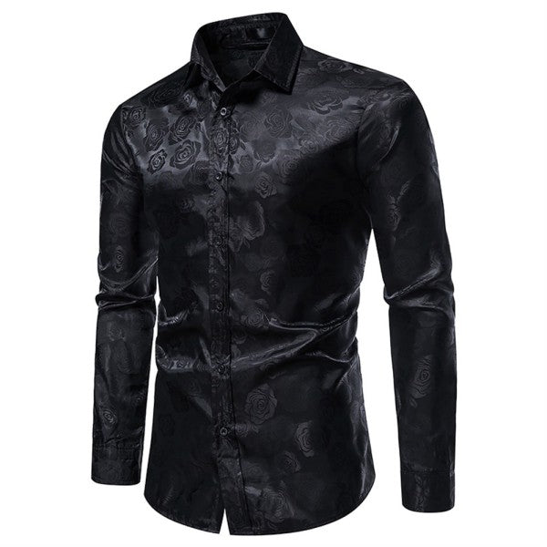 Men's Rose Jacquard Long Sleeve Shirt | Slim Fit Floral Button-Down Dress Shirt
