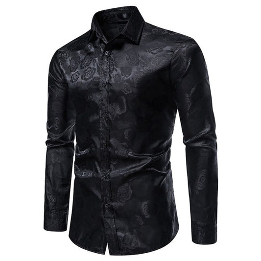 Men's Rose Jacquard Long Sleeve Shirt | Slim Fit Floral Button-Down Dress Shirt
