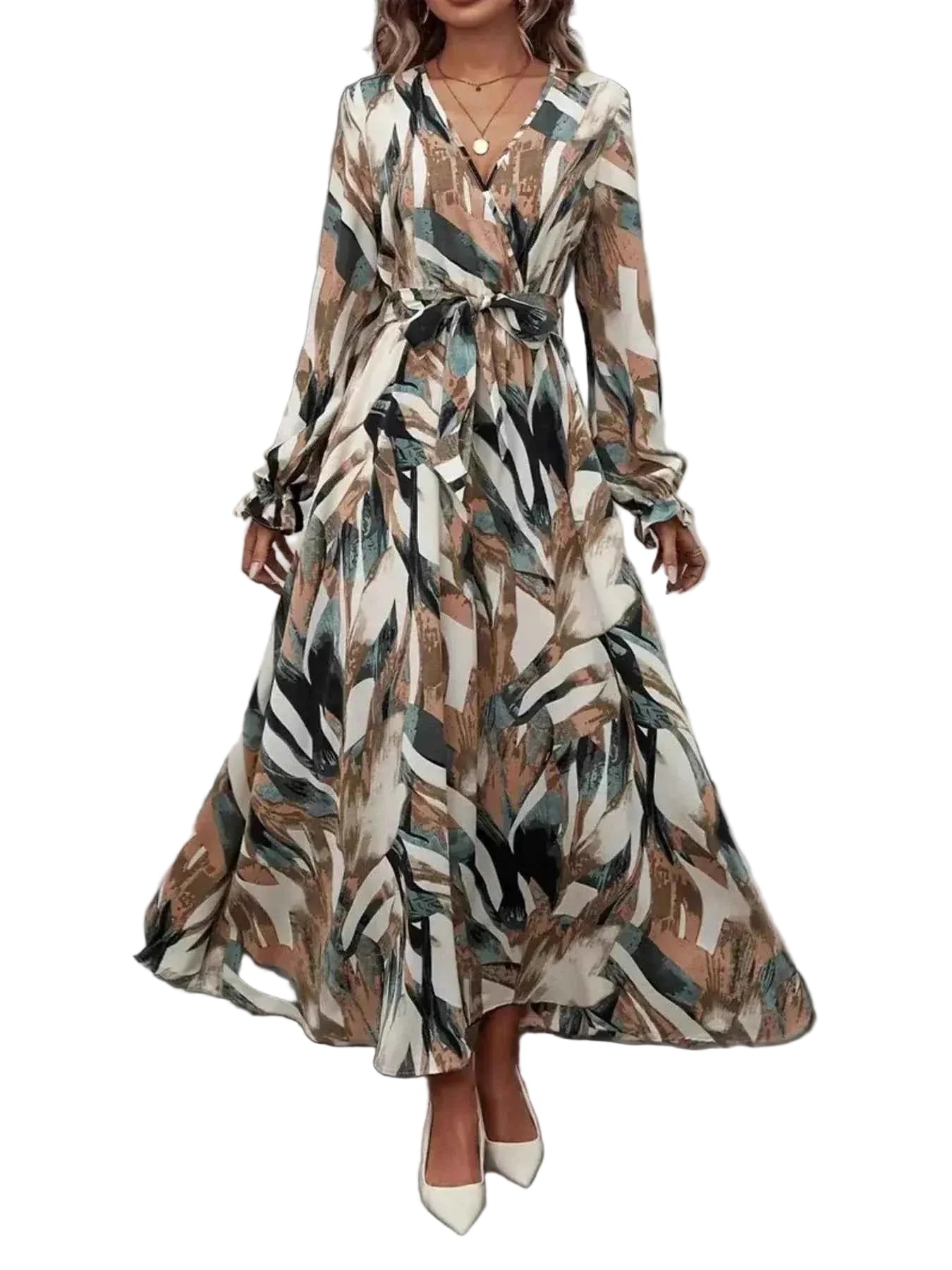 The Printed Surplice Flounce Sleeve Maxi Dress – Self-Tie Belt, Camel & Red, S–XL Camel S