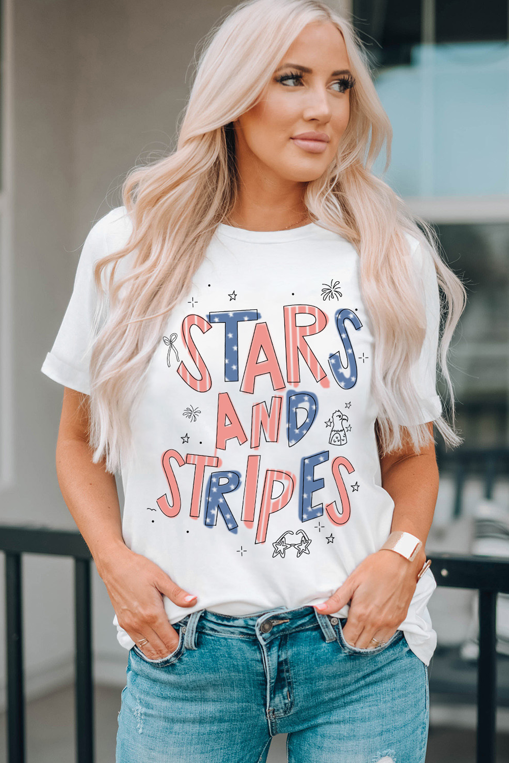 Stars & Stripes Graphic Tee | Women's Patriotic Crew Neck T-Shirt