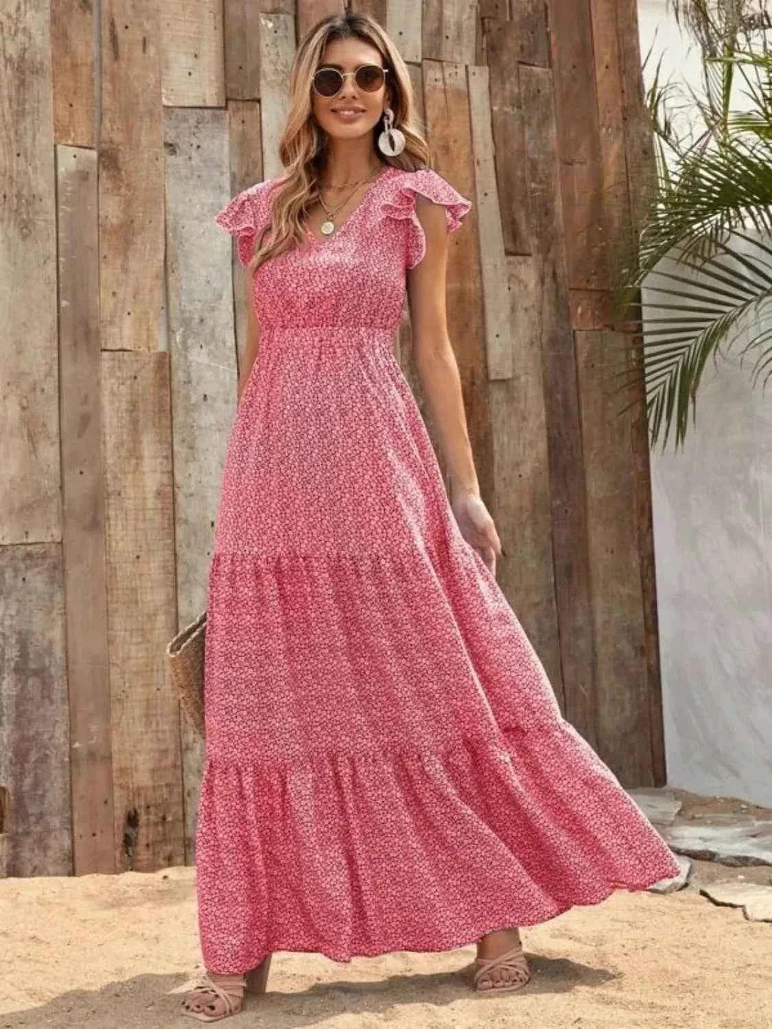 The Printed V-Neck Ruffle Sleeve Maxi Dress – 4 Colors, Sizes S–2XL