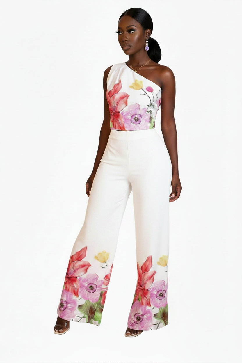 Flower Print 2-Piece Palazzo Set | One-Shoulder Crop Top & Wide-Leg Pants Pink S