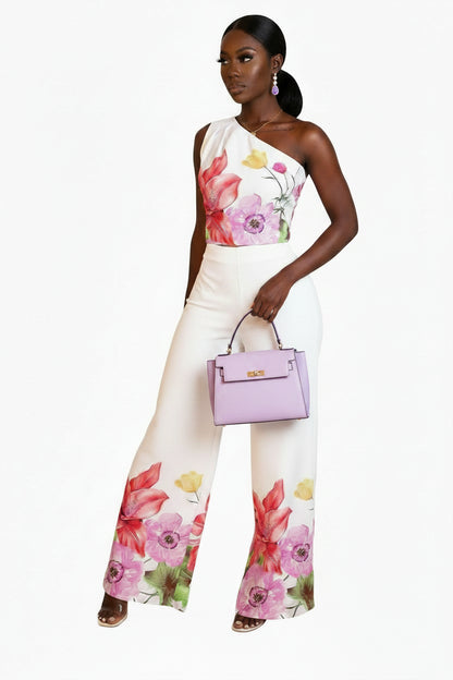 Flower Print 2-Piece Palazzo Set | One-Shoulder Crop Top & Wide-Leg Pants Pink M