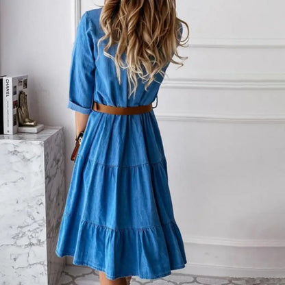 Belted Denim Midi Dress | Three-Quarter Sleeve Ruffle & Button Detail