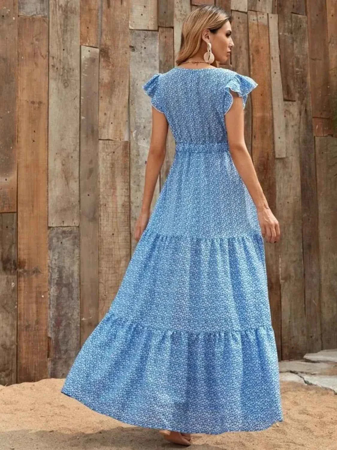 The Printed V-Neck Ruffle Sleeve Maxi Dress – 4 Colors, Sizes S–2XL