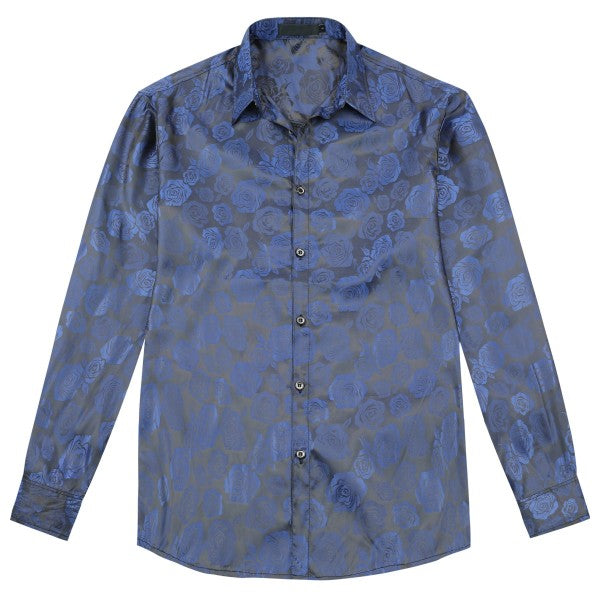 Men's Rose Jacquard Long Sleeve Shirt | Slim Fit Floral Button-Down Dress Shirt