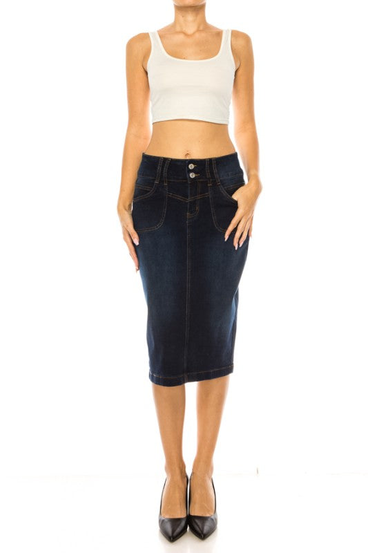 Be-Girl Women's Stretch Denim Knee-Length Pencil Skirt – Classic 2-Button Closure
