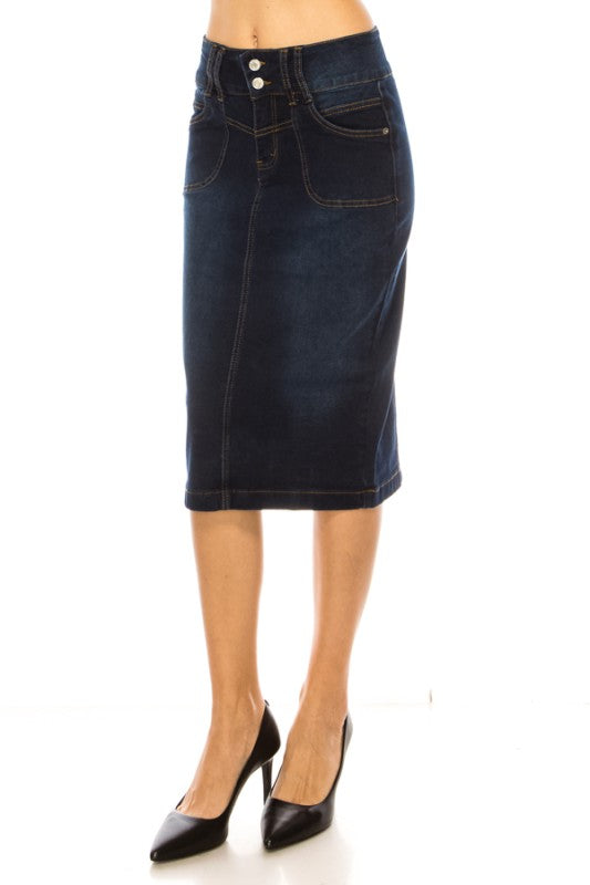 Be-Girl Women's Stretch Denim Knee-Length Pencil Skirt – Classic 2-Button Closure