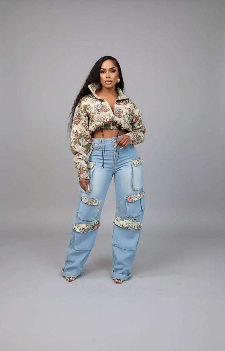 Washed Denim Floral Patchwork Jacket & Cargo Jeans | 2-Piece Denim Set Sets M