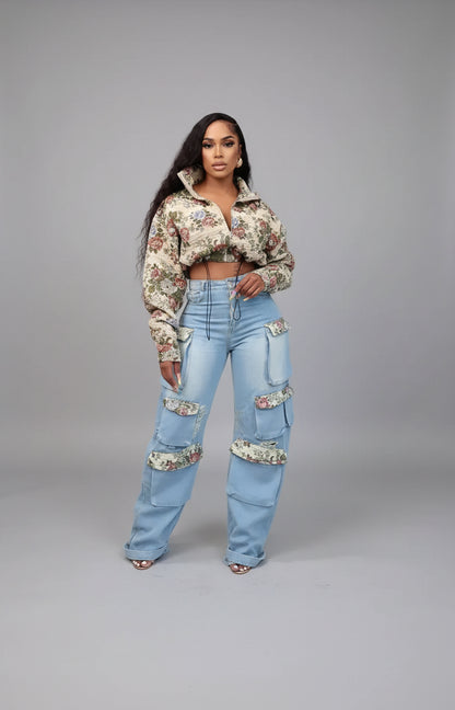 Washed Denim Floral Patchwork Jacket & Cargo Jeans | 2-Piece Denim Set Sets M