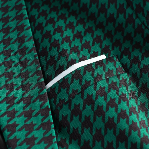 Men's Houndstooth Pattern 2-Button Blazer | 3D Slim Fit Notched Lapel Jacket – Black & Green