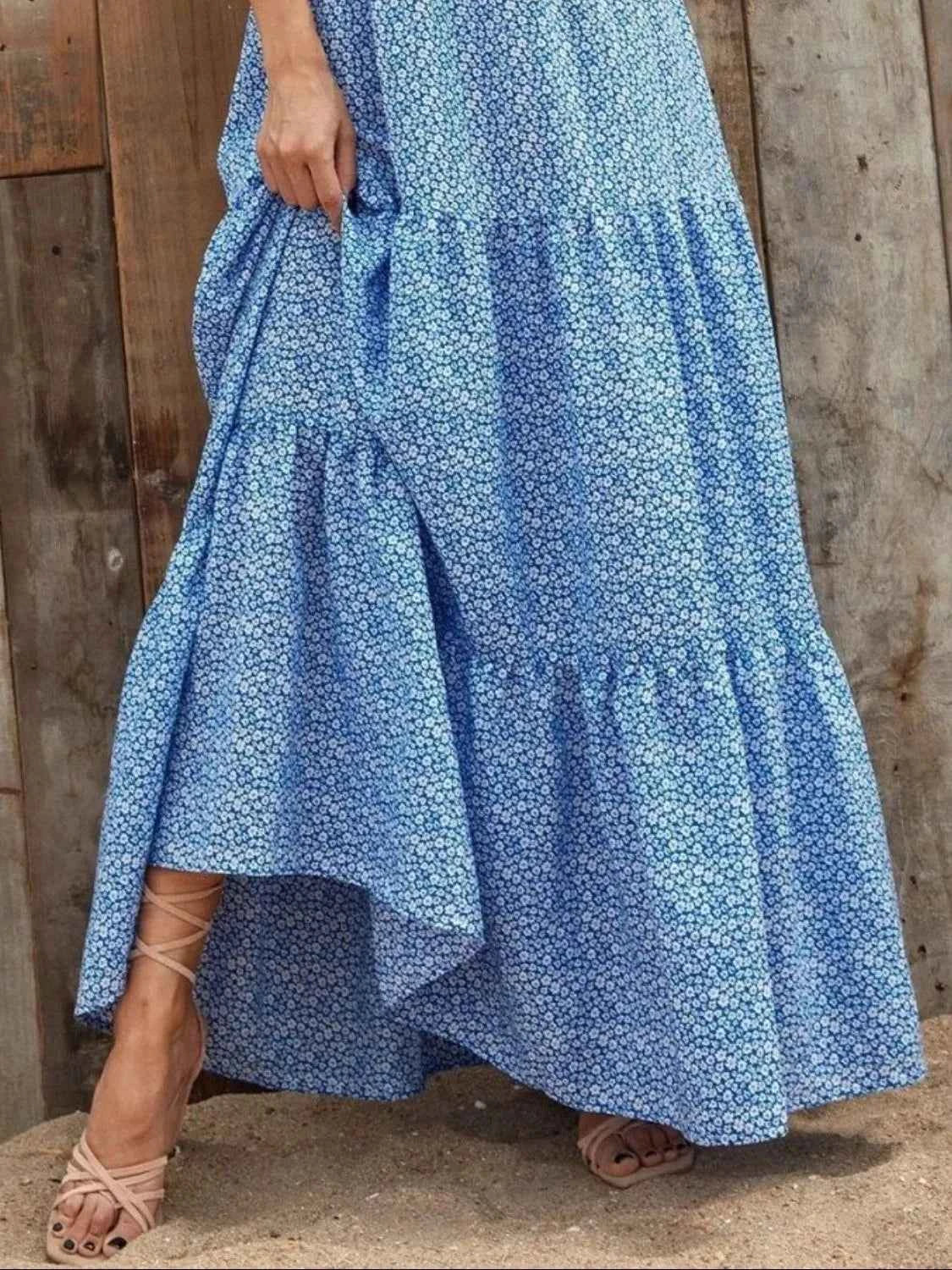 The Printed V-Neck Ruffle Sleeve Maxi Dress – 4 Colors, Sizes S–2XL