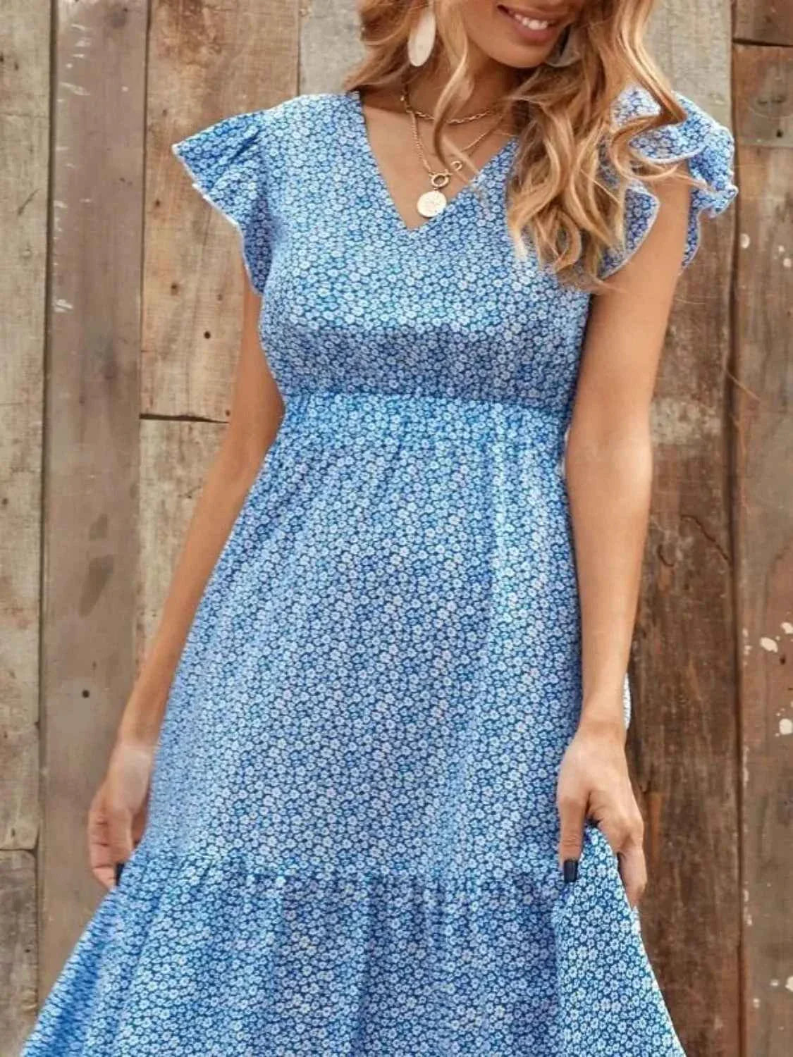 The Printed V-Neck Ruffle Sleeve Maxi Dress – 4 Colors, Sizes S–2XL